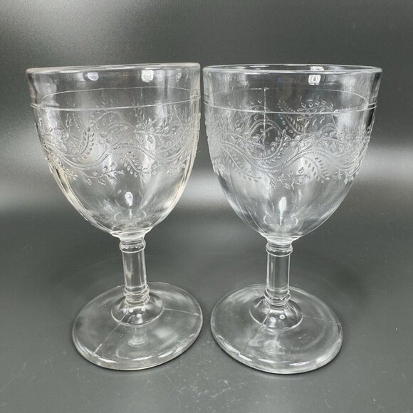 Antique EAPG Capitola Barley Goblet Bryce Higbee Clear Cups Manganese 365nm Set2 - Picture 10 of 16
